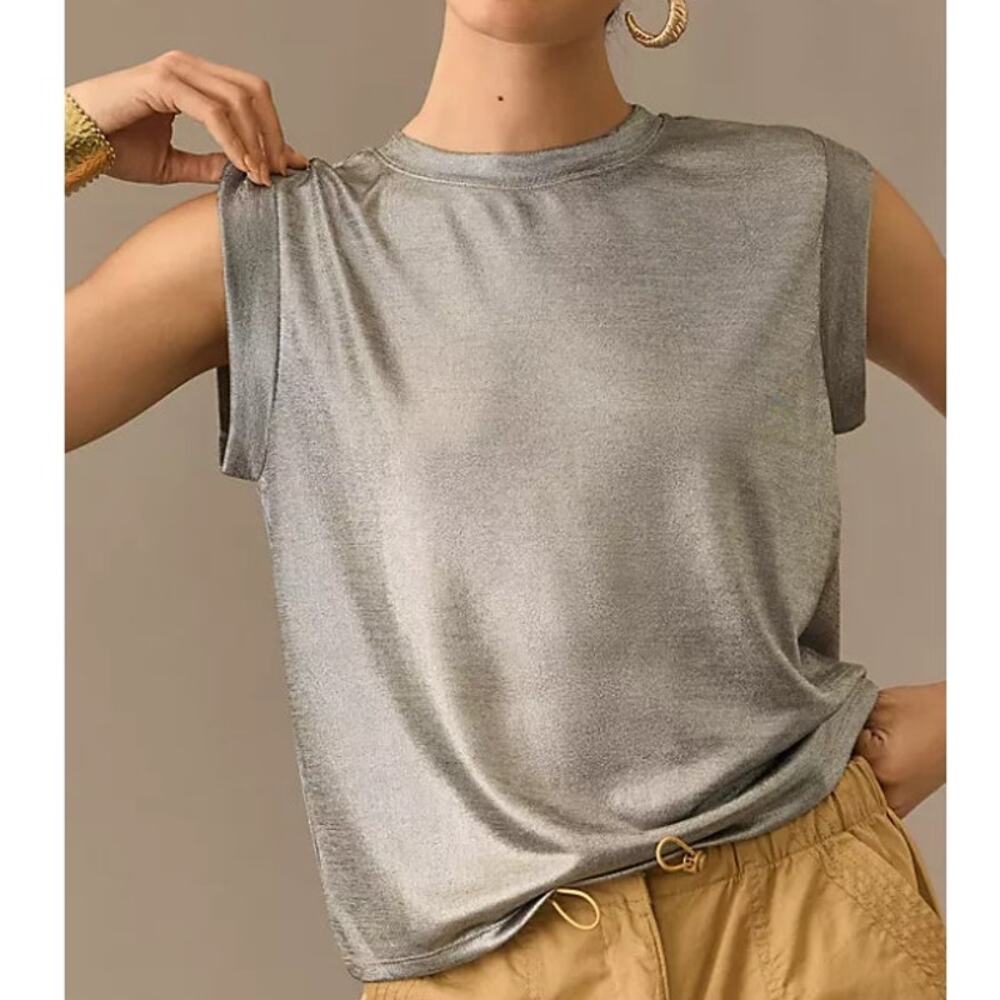 Porridge Shine Muscle Tee Silver Sleeveless Boxy Knit Top Women's S